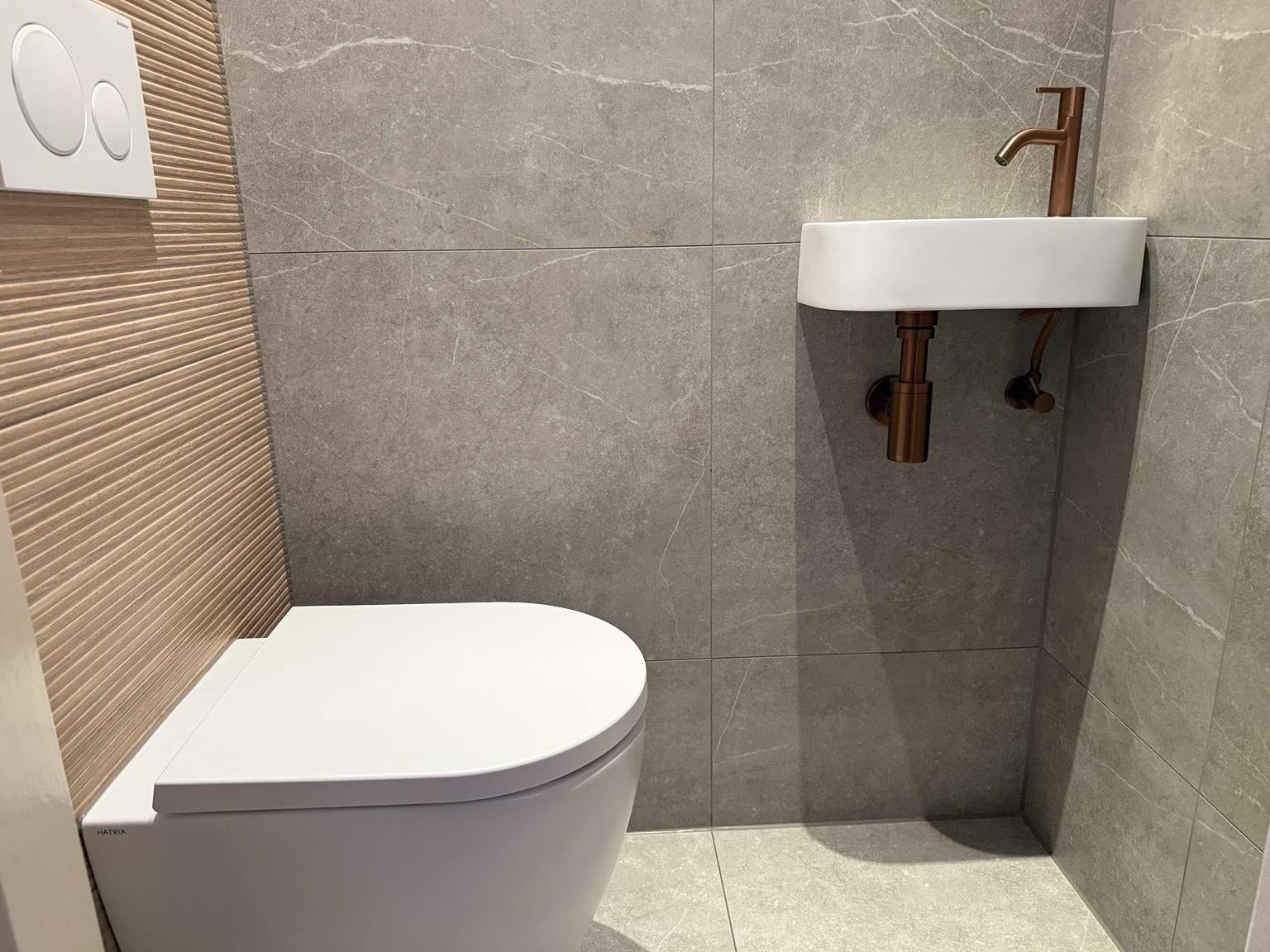 Overzicht van het toilet met fontein en tegelwand